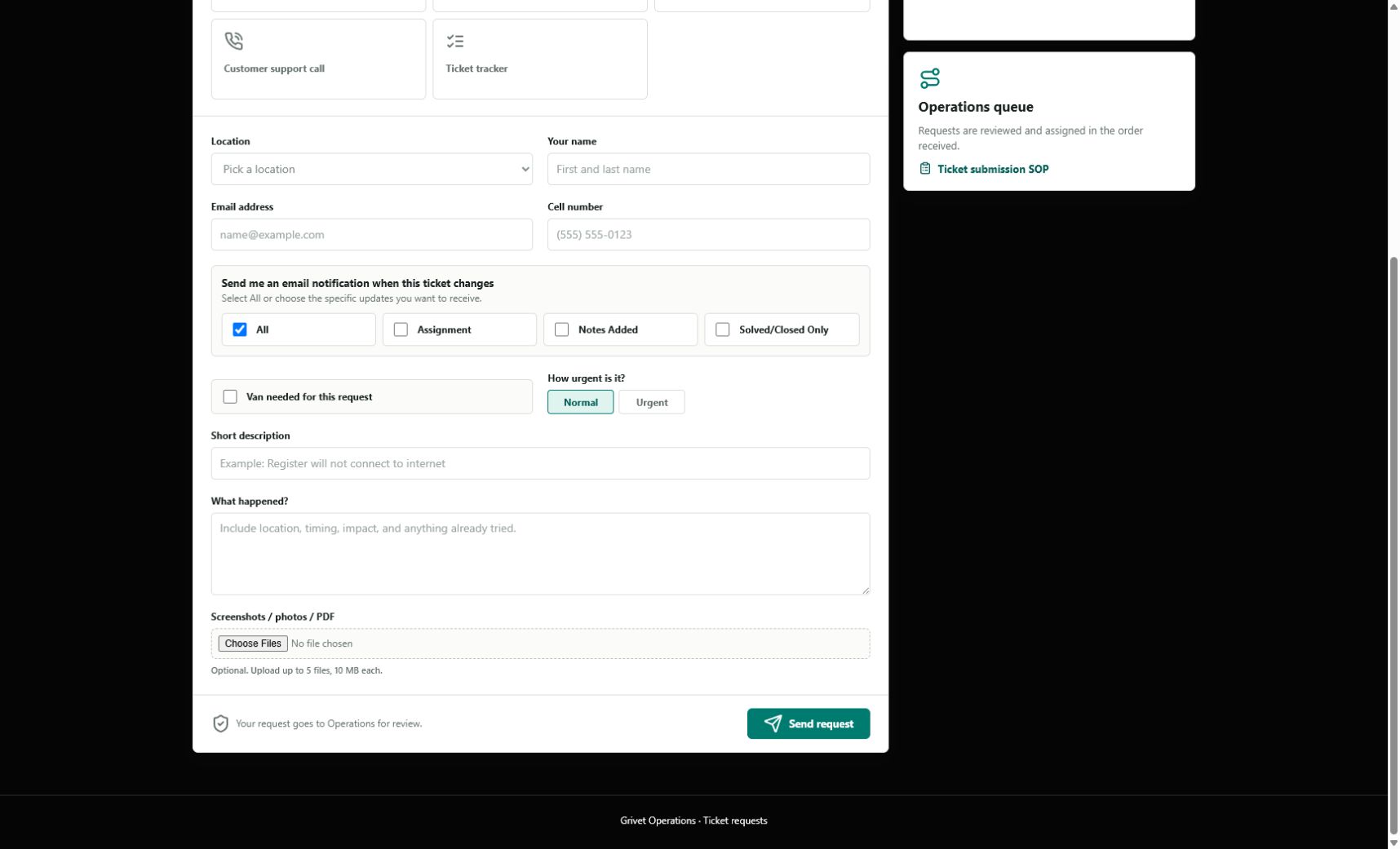 Ticket detail fields, notification options, attachment field, and Send request button