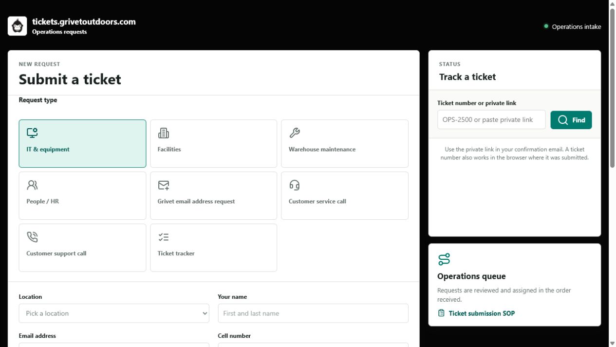 Public ticket form showing request types and tracking panel